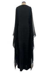 1990s Loris Azzaro Black Stretch Jersey Dress w Chiffon Angel Sleeves & Black Sequin Detailing