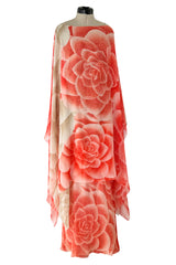 Beautiful Spring 1978 Hanae Mori Floral Print Silk Chiffon Dress & Cape Overlay