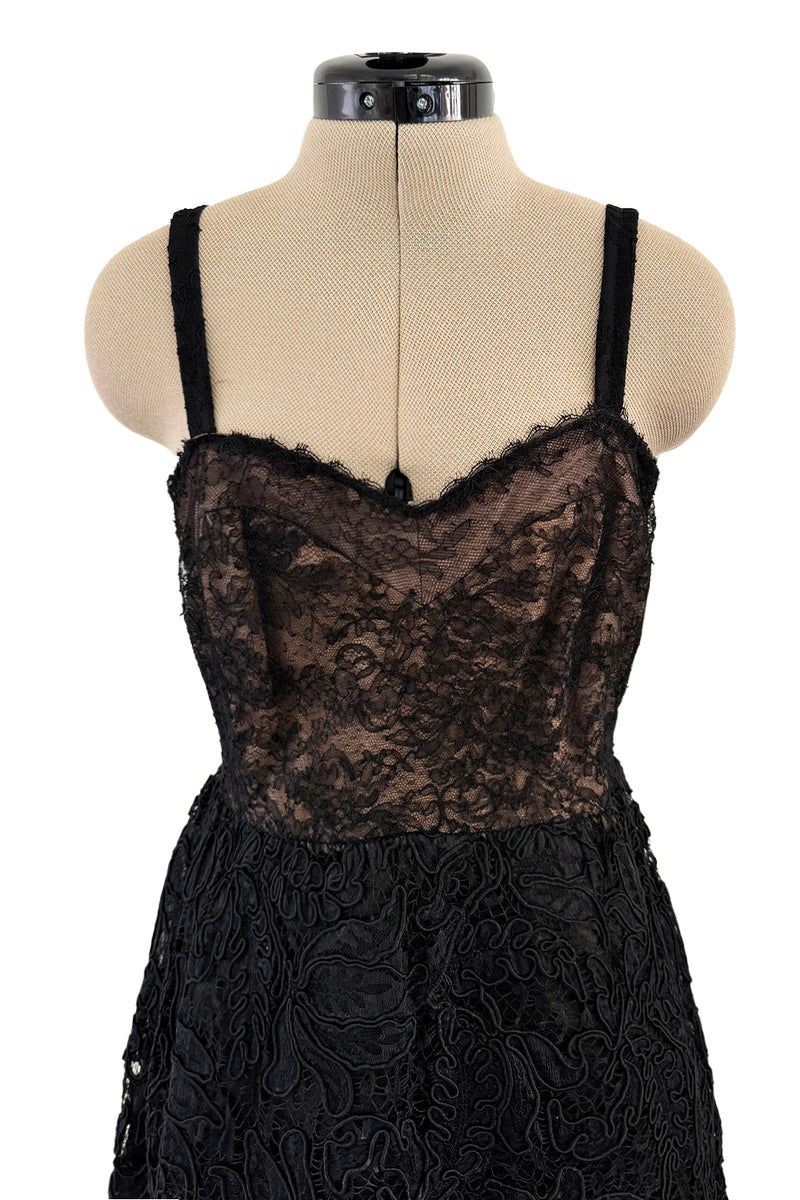 Prettiest 1960s James Galanos Couture Black French Lace & Silk Cord Dress