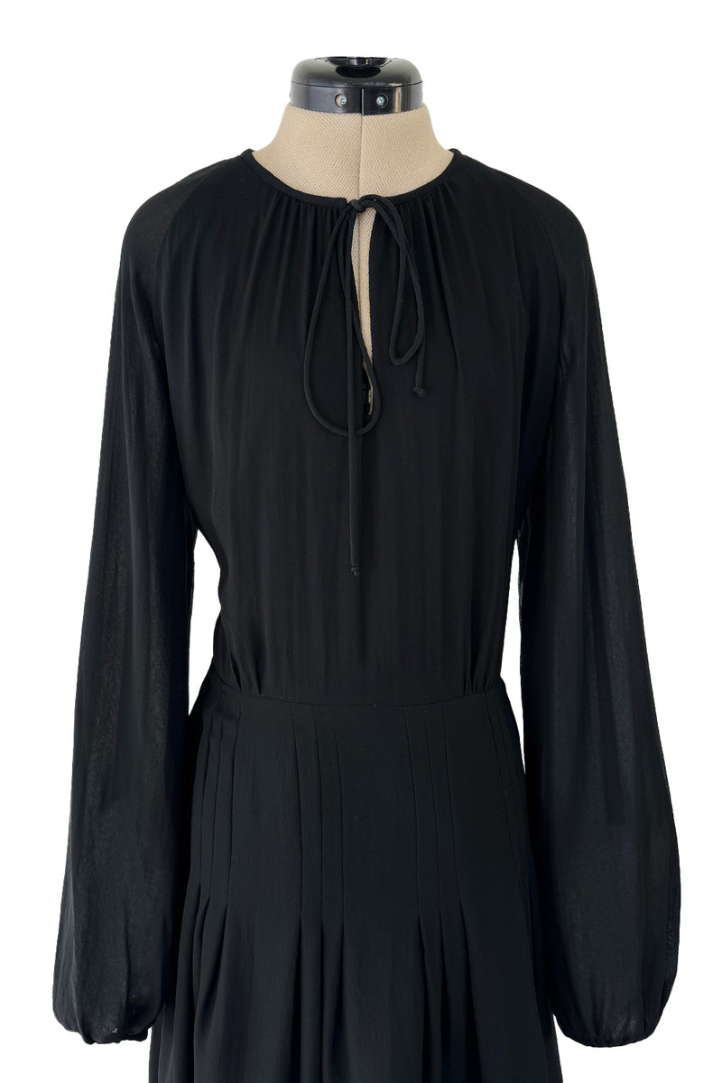 Classic 1970s Michael Novarese Black Silk Chiffon Dress w Balloon Sleeves & Pleating Details