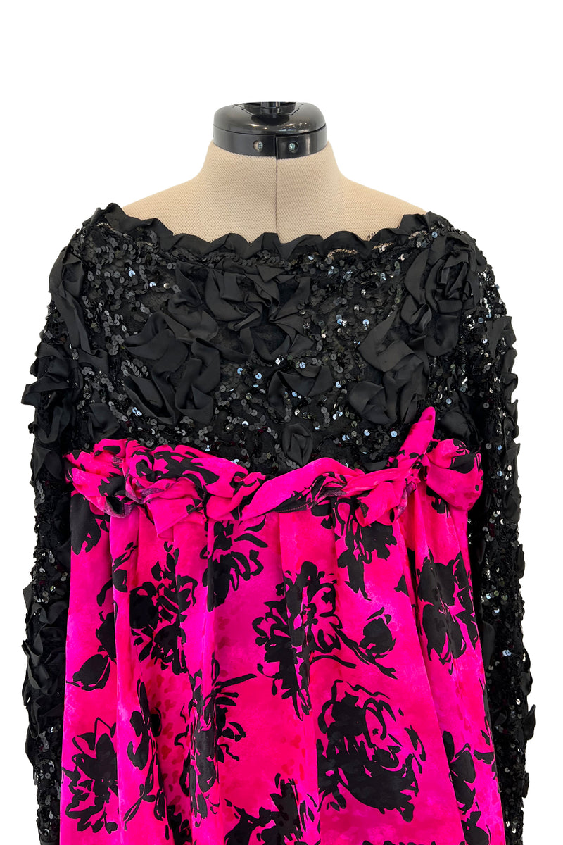 Dramatic Fall 1987 Yves Saint Laurent Runway Pink & Floral Silk Dress w Lace & Sequin Detail