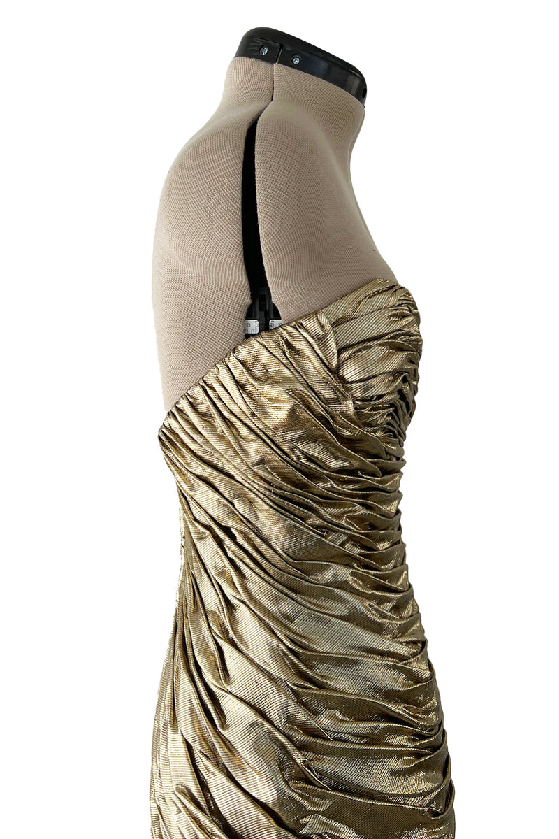 Outstanding 1984 Vicky Tiel Couture Metallic Gold Lame Gathered & Draped Strapless Dress