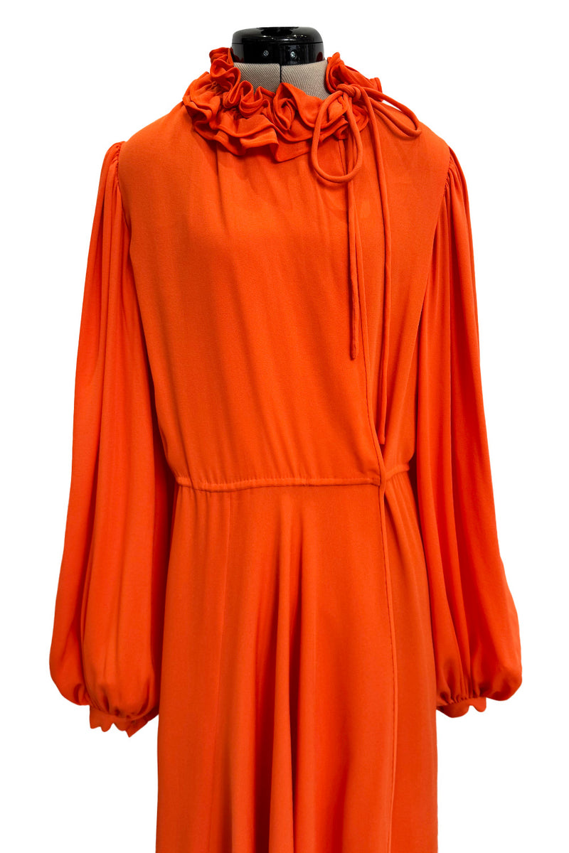 1970s James Galanos Couture Orange Silk Dress w Ruffle Neck & Balloon Sleeves