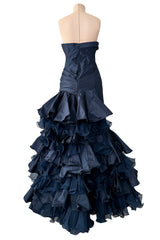 Resort 2011 Oscar de la Renta Runway Deep Blue Strapless Silk Dress w Elaborate Ruffled Skirt