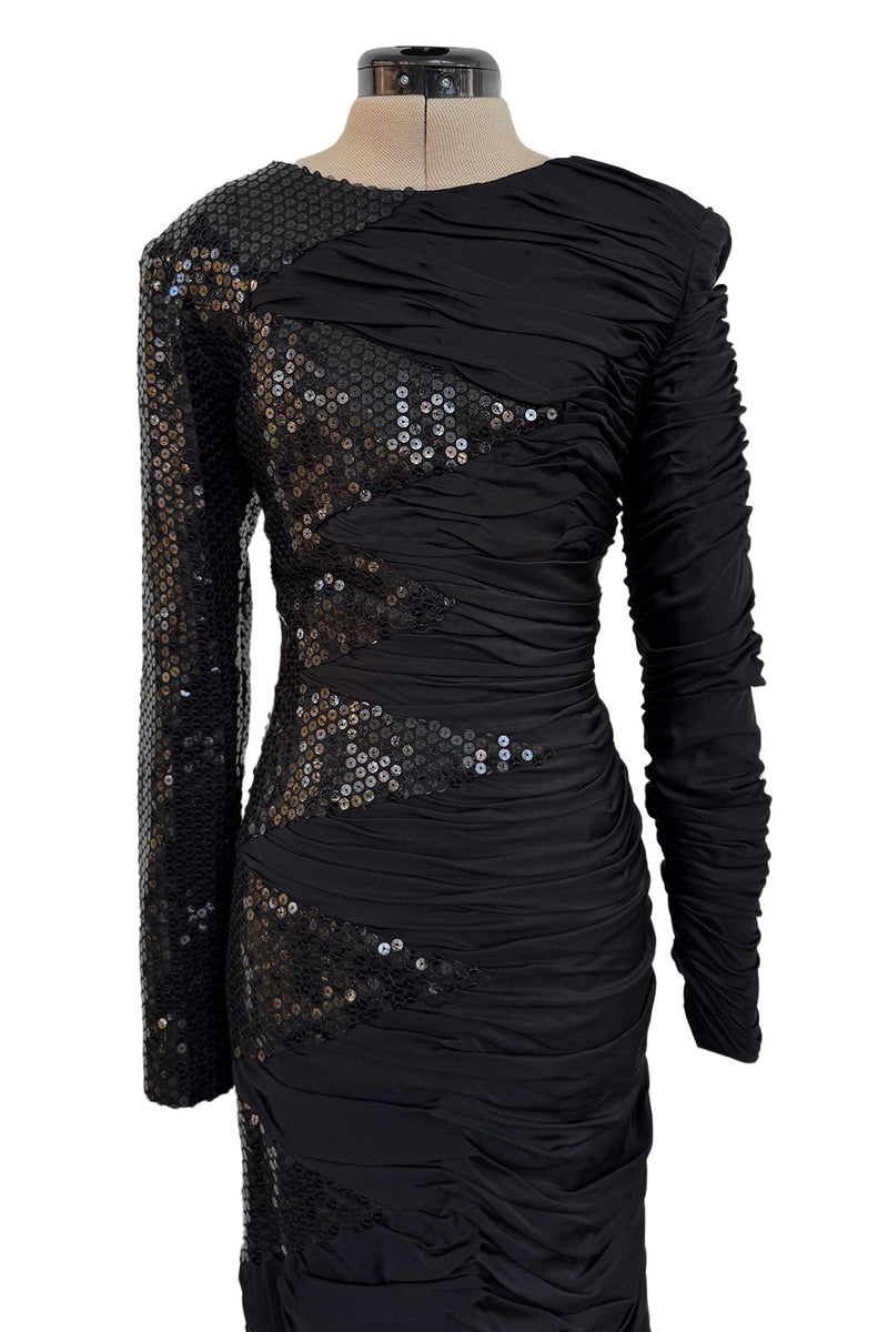 Amazing 1970s Loris Azzaro Black Sequin & Jersey Inset Dress w Low V Back