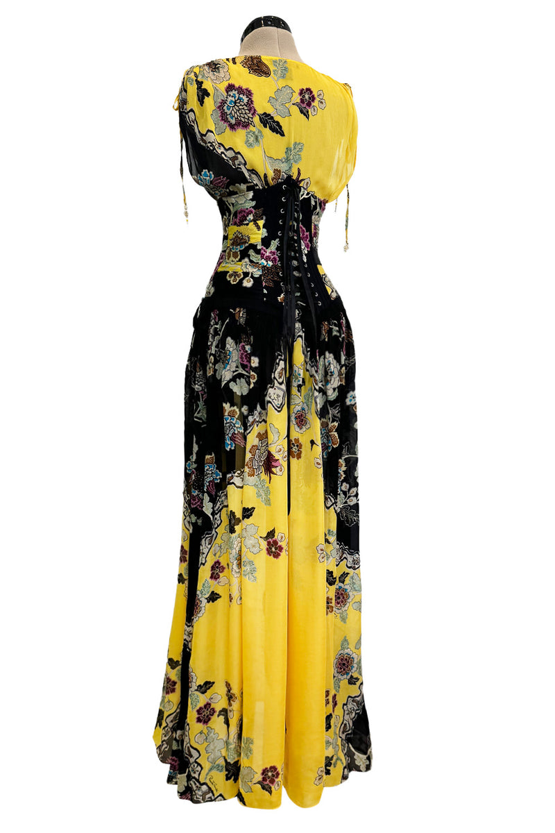 Incredible Spring 2003 Roberto Cavalli Light as Air Printed Silk & Silk Chiffon Maxi Skirt, Top & Corset Set