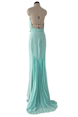 Stunning 2000s Valentino Roma Turquoise Silk Chiffon Dress W Front Slit & Open Back