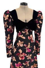 Stunning 1970s Givenchy Floral Silk Brocade Dress w Velvet Bodice & Bow