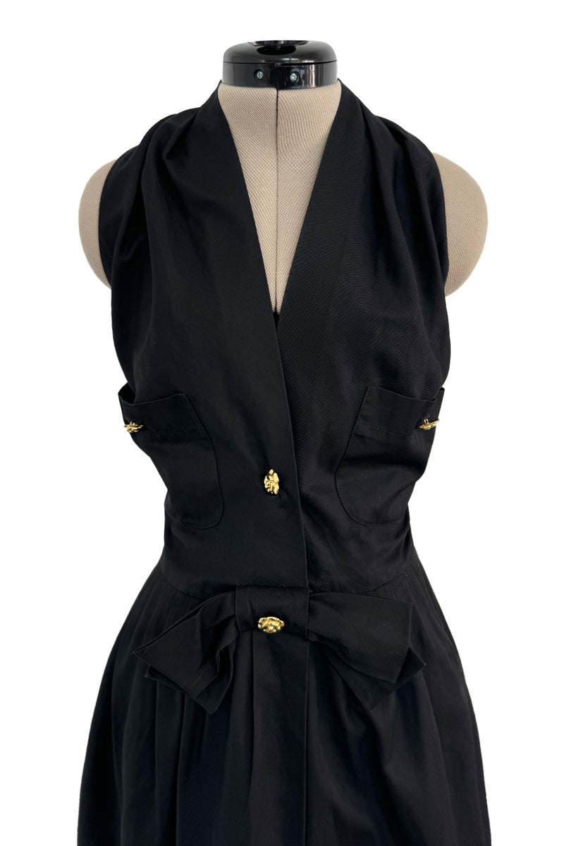 Gorgeous Little 1980s Chanel by Karl Lagerfeld Black Cotton Halter Dress w Full Skirt