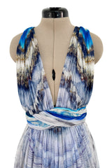 Amazing 2009-2010 Alexander McQueen Silk Chiffon Blue Agate Print Dress w Plunge Front & Open Back