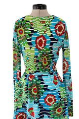 Prettiest c1972 Lanvin by Jules-Francois Crahay Printed Silk Jersey & Waffle Weave Low Back Dress