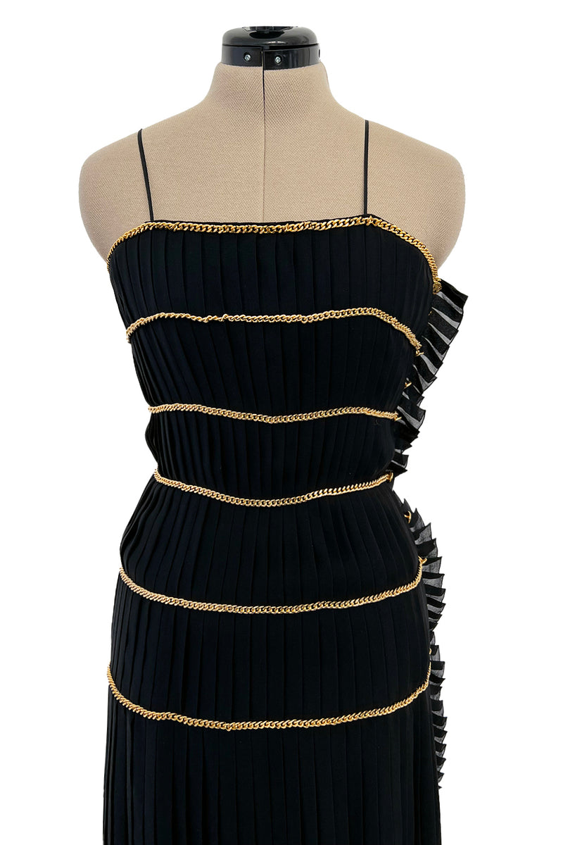 Incredible Spring 1988 Chanel by Karl Lagerfeld Runway Black Pleated Silk Chiffon Dress w Chain Detailing