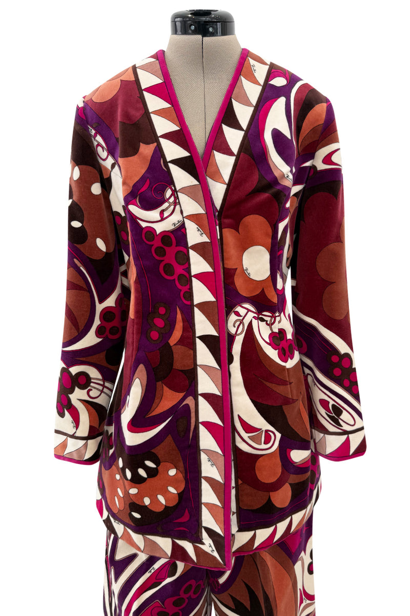 1960s Emilio Pucci Velvet Pink Purple & Brown Print Jacket & Flare Pant Suit Set