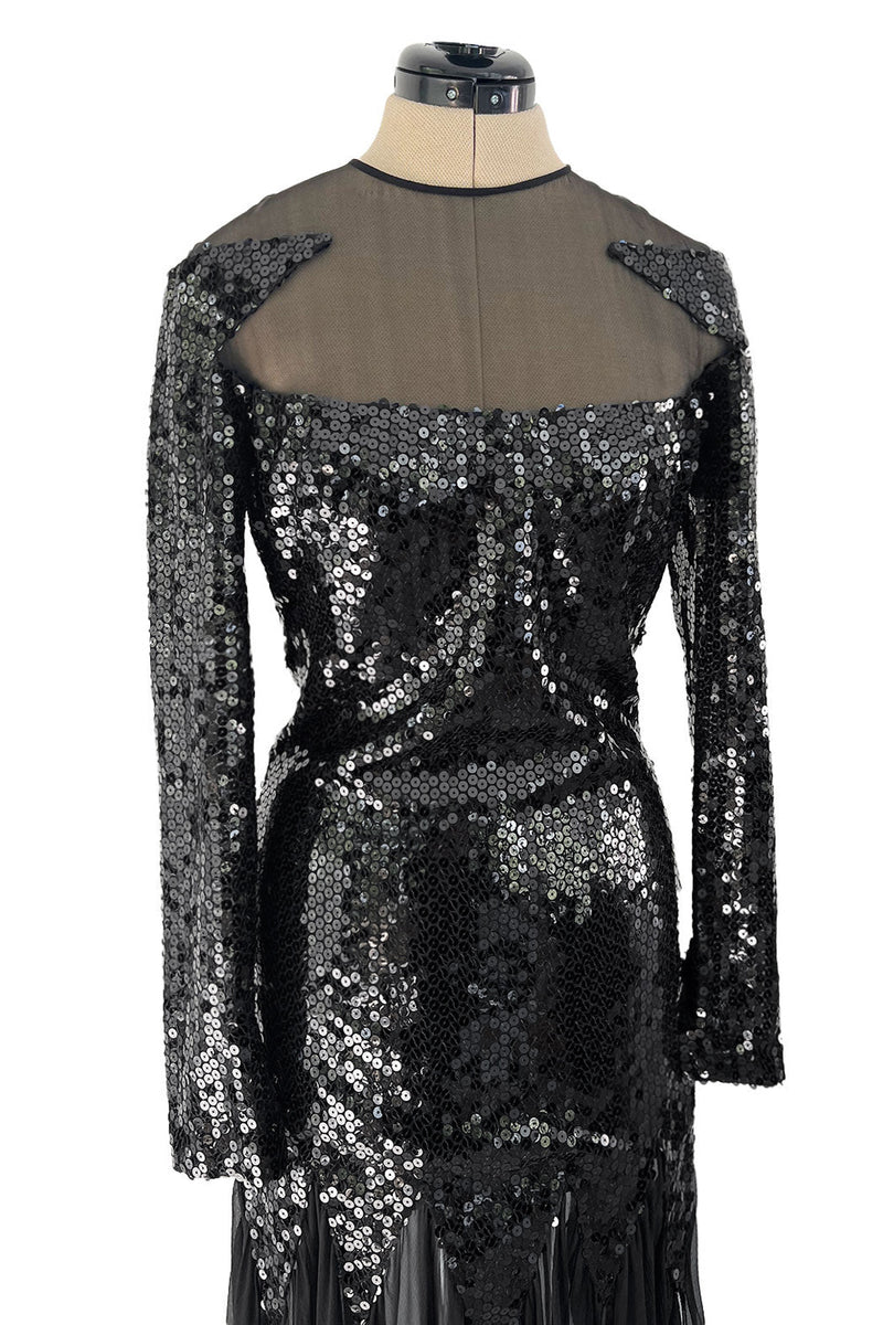 1973 Loris Azzaro Couture Black Sequin & Silk Chiffon Insets Dress w Pointed Hem