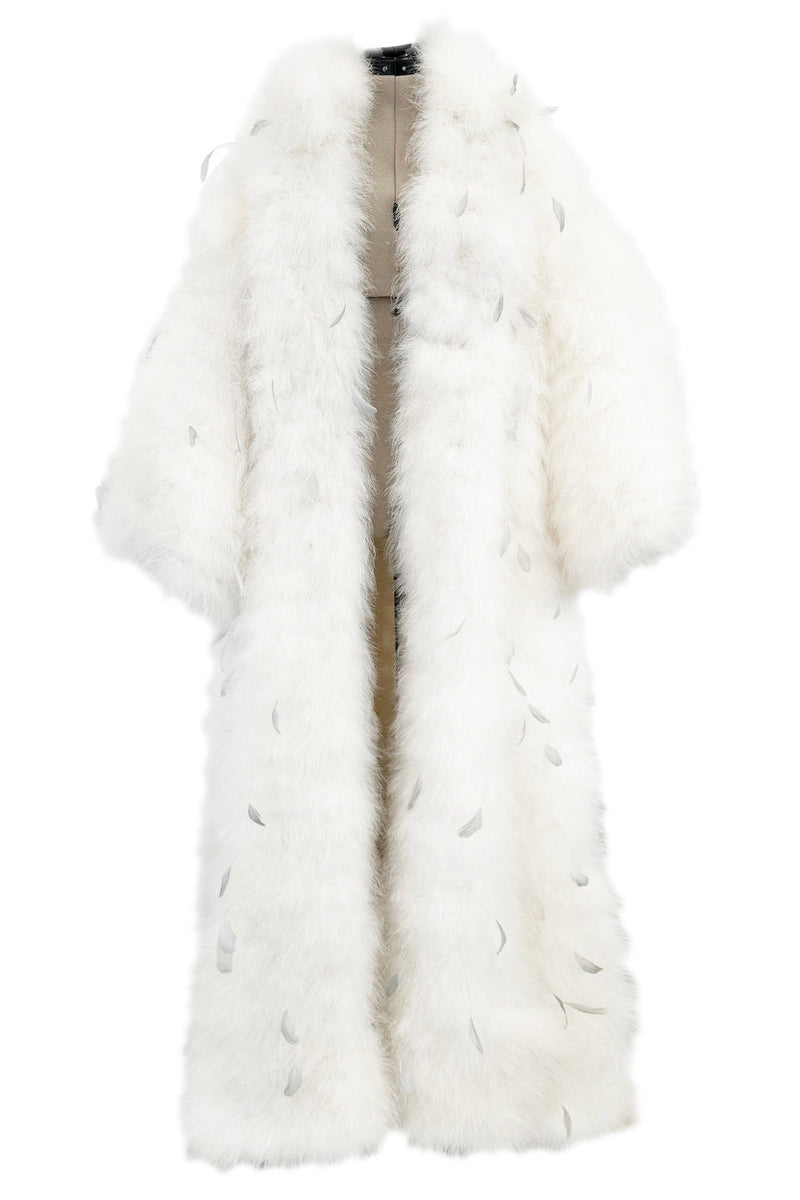 Amazing Vintage Unlabeled Full Length White Fluffy Feather Coat w Extra Wide Bell Sleeves