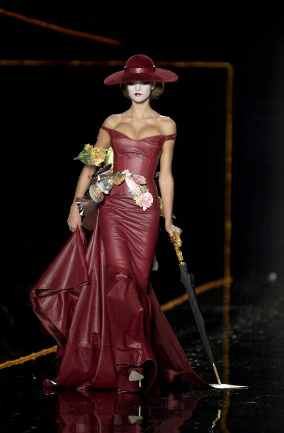 Magnificent Rare Fall 2000 John Galliano Deep Burgundy Red Silk Taffeta Corset Dress w Extended Panel