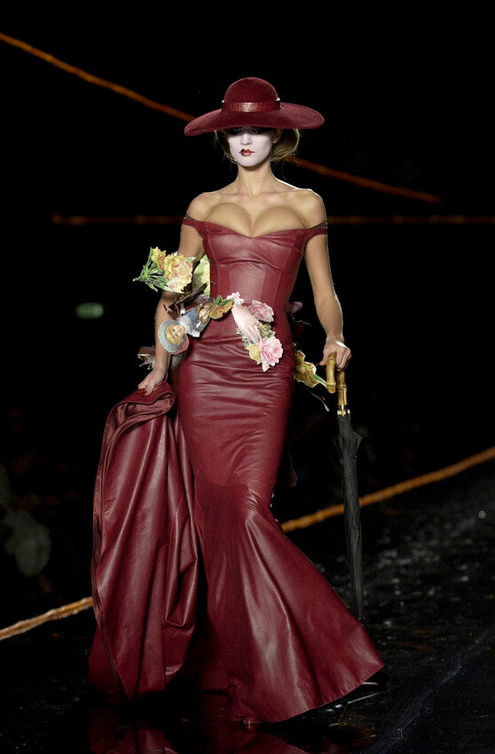 Magnificent Rare Fall 2000 John Galliano Deep Burgundy Red Silk Taffeta Corset Dress w Extended Panel