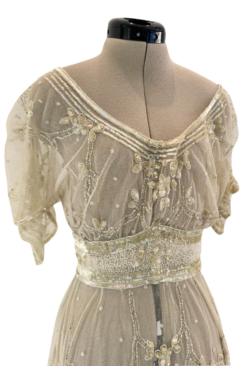 Beautiful 1910 Unlabeled Heirloom Ivory Net Wedding Dress w Elaborate Sequin & Bead Work