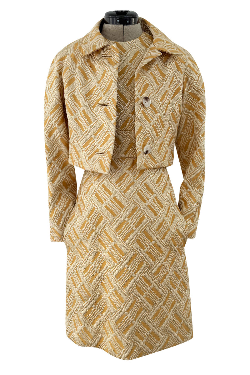 Chic 1960s Malcolm Starr by Elinor Simmons Gold Metallic Brocade Dress & Jacket Set