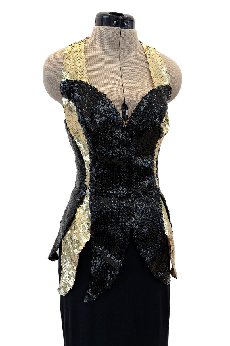 c.1973 Loris Azzaro Backless Black Jersey Dress w Gold & Black Sequin Flame Halter Top