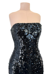 Incredible 1980s Bob Mackie Strapless Black Sequin Dress w Slight Train