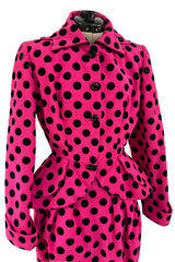 Rare 1988 Christian Lacroix Demi-Couture Luxe Pink & Black Dot Silk Suit