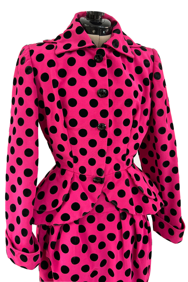 Rare 1988 Christian Lacroix Demi-Couture Luxe Pink & Black Dot Silk Suit