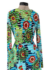 Prettiest c1972 Lanvin by Jules-Francois Crahay Printed Silk Jersey & Waffle Weave Low Back Dress