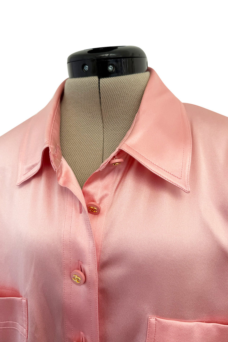 Dreamy 1990s Chanel by Karl Lagerfeld Pastel Pink Silk Stretch Button Front Top