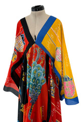 Iconic 1972 LaVetta Multi Scarf Printed Silk Caftan Dress w Wide Sleeves