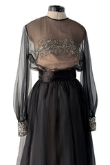 Dreamy 1960s Roger Freres Black Silk Organza Dress w Rhinestone Detailing