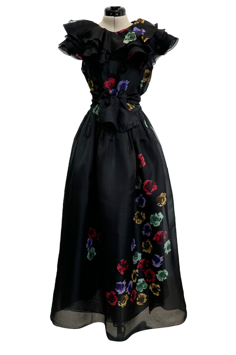 Prettiest 1960s Possible Christian Dior Floral Print Silk Organza Dress w Ruffled Shoulders