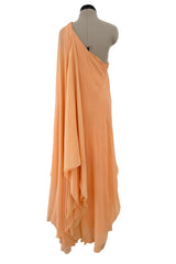 c. Resort 1976 Halston Couture Pastel Peach Silk Chiffon One Shoulder Spiral Dress