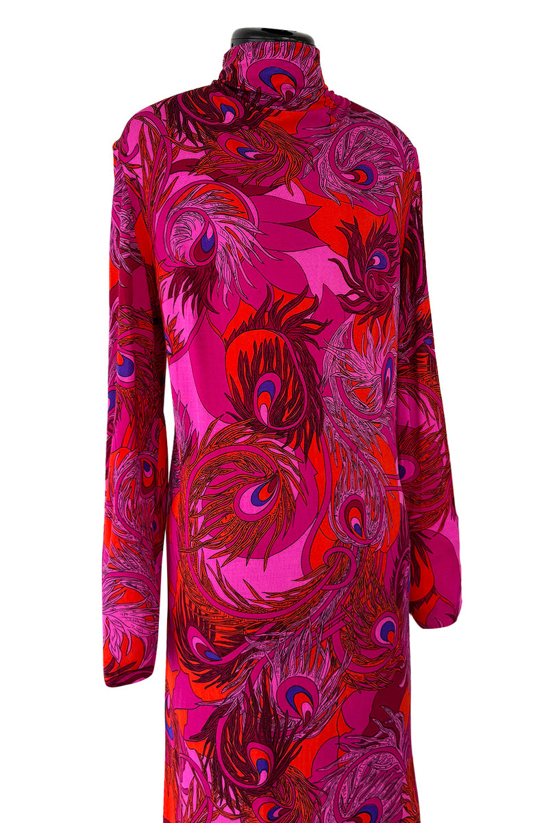 1972 La Mendola 'Paridiso' Peacock Feather Print Deep Pink Silk Jersey Dress