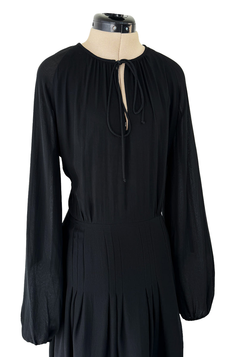 Classic 1970s Michael Novarese Black Silk Chiffon Dress w Balloon Sleeves & Pleating Details