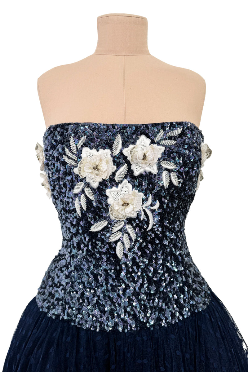 Incredible 1980s Richilene Strapless Sequin & Beaded Dress w Removable Pouf Sleeves