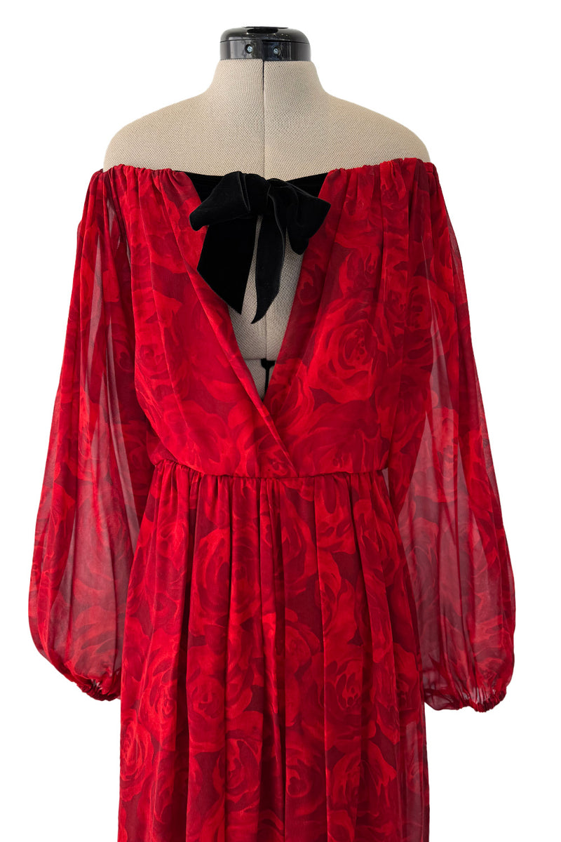 Beautiful Fall 1994 Yves Saint Laurent Red Rose Print Off Shoulder Dress w Velvet Bow