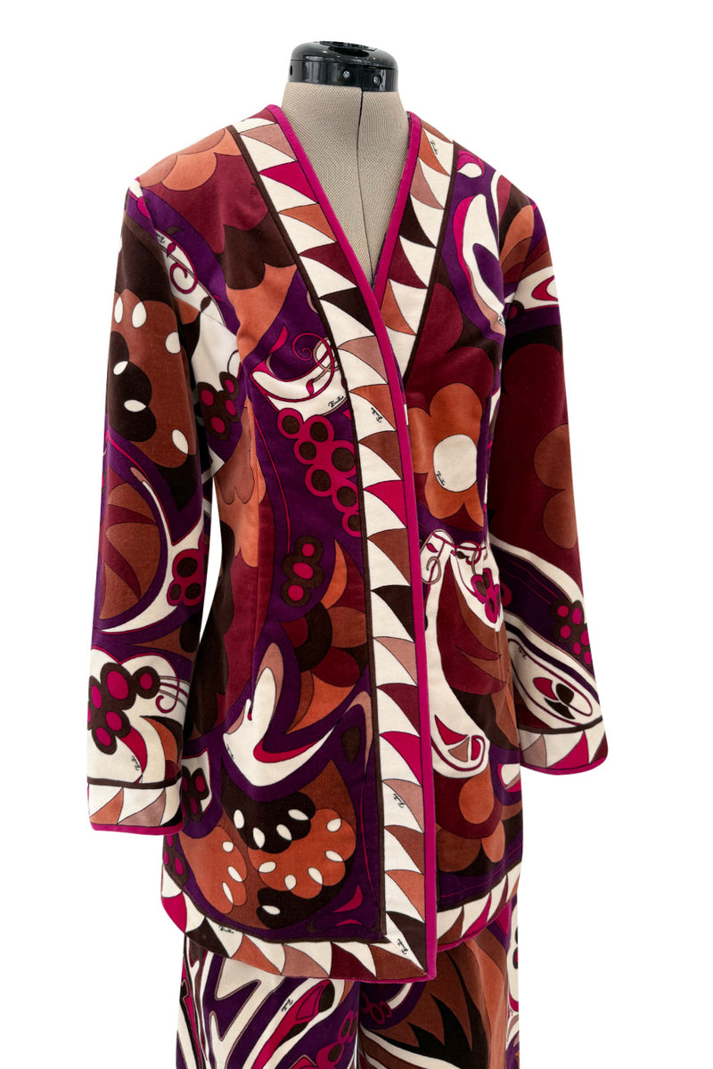 1960s Emilio Pucci Velvet Pink Purple & Brown Print Jacket & Flare Pant Suit Set