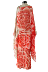 Beautiful Spring 1978 Hanae Mori Floral Print Silk Chiffon Dress & Cape Overlay