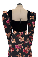 Stunning 1970s Givenchy Floral Silk Brocade Dress w Velvet Bodice & Bow