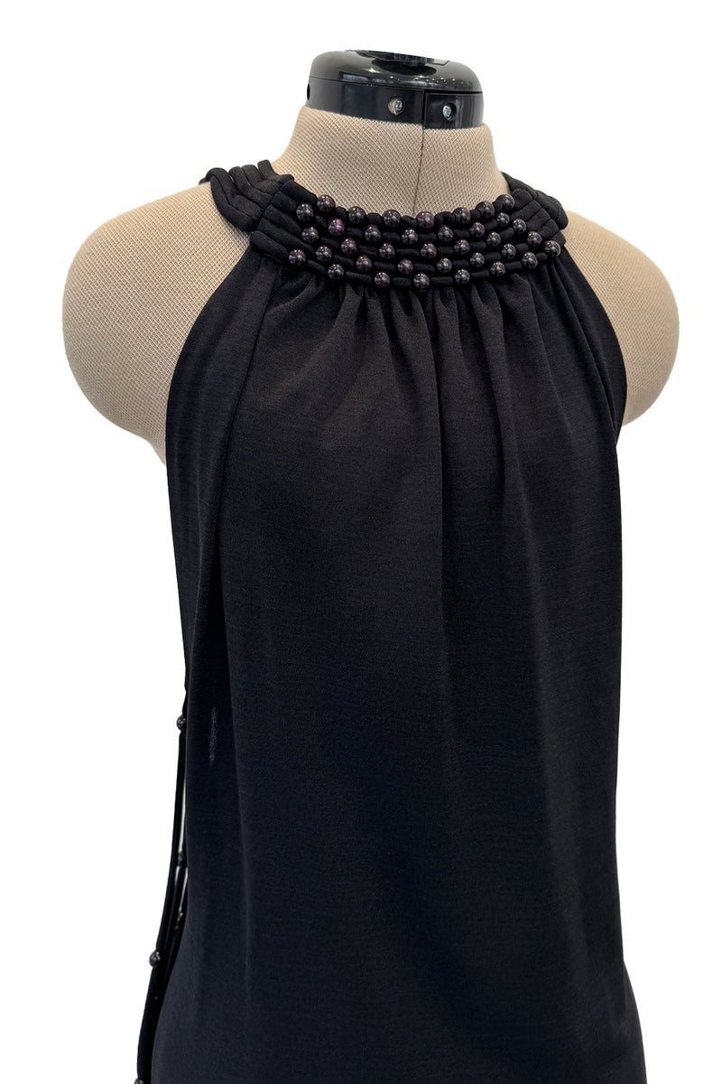 Rare Fall 1971 Loris Azzaro Black Jersey Dress w Bead & Crisscross Backless Dress