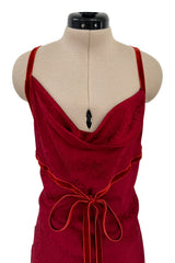 Fall 1999 John Galliano Deep Red Patterned Silk Bias Cut Backless Dress w Velvet Ribbon Details