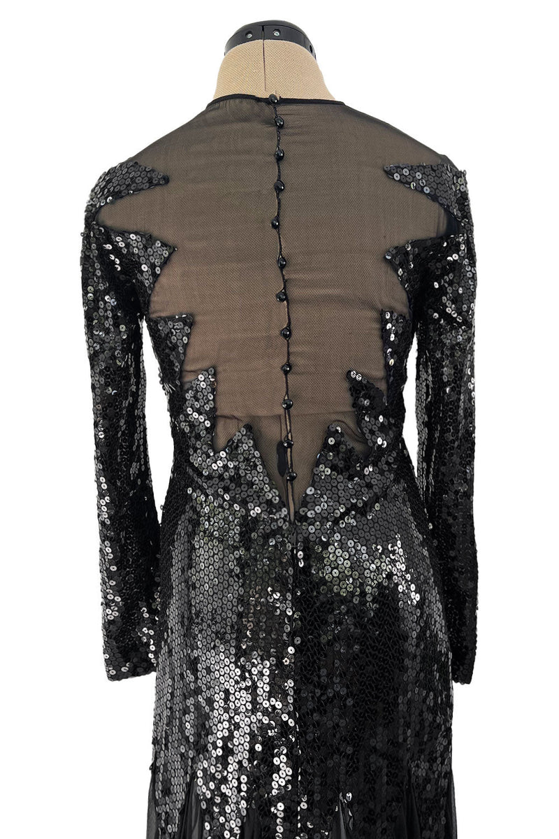 1973 Loris Azzaro Couture Black Sequin & Silk Chiffon Insets Dress w Pointed Hem