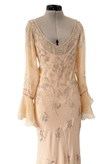 2000s Christian Dior by John Galliano Peach Silk Chiffon & Silver Beaded Bias Cut Dress