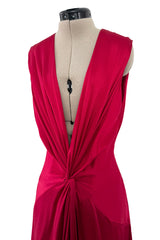 Spring 2008 Alexander McQueen Draped Red Silk Dress w Twisted Deep Front Plunge