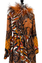 Early 1970s Bill Blass Couture Hand Beaded Lion Print Dress w Elaborate Feather Collar