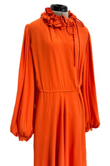 1970s James Galanos Couture Orange Silk Dress w Ruffle Neck & Balloon Sleeves