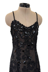 1970s Christian Dior by Marc Bohan Demi-Couture Elaborately Beaded Black Lace Net Dress