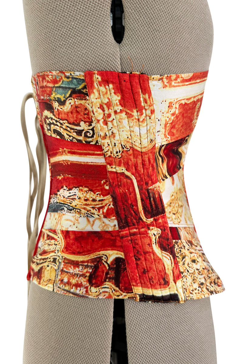 Amazing Spring 2003 Roberto Cavalli Printed Silk Lace Up Corset with Metal Stays & Hook Front