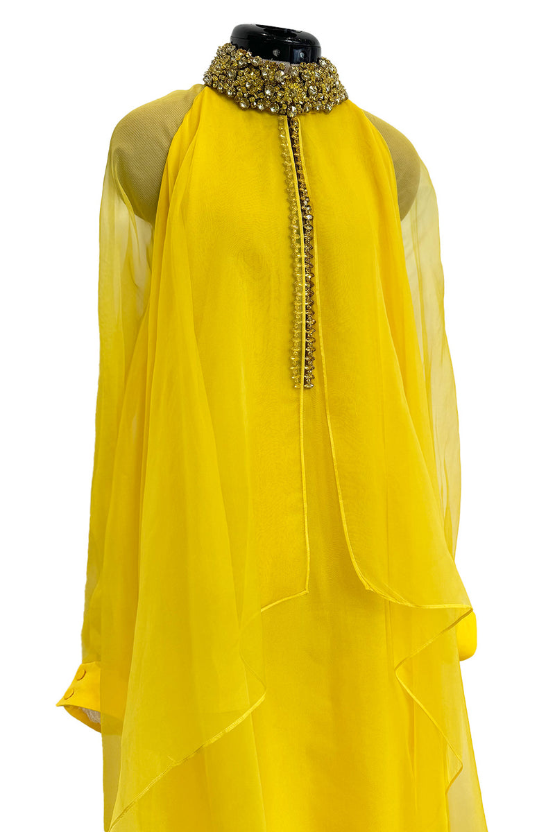 Prettiest Pre-Fall 2020 Gucci by Alessandro Michele Yellow Silk Dress Caftan w Jewel Collar & Front